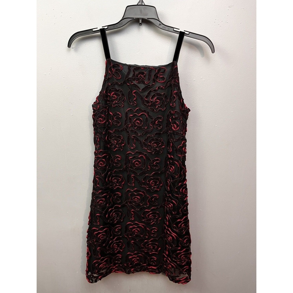 Maggie Breen Too Dress Womens‎ XS Black Red Rosette 3D Floral Velvet Mini Goth